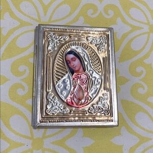 Small Virgin Mary Pocket Mirror Compact with Gold & Silver Embossed Accents EUC